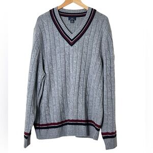 Brooks Brothers Light Gray Cable Knit V-Neck Sweater with Navy and Maroon Trim